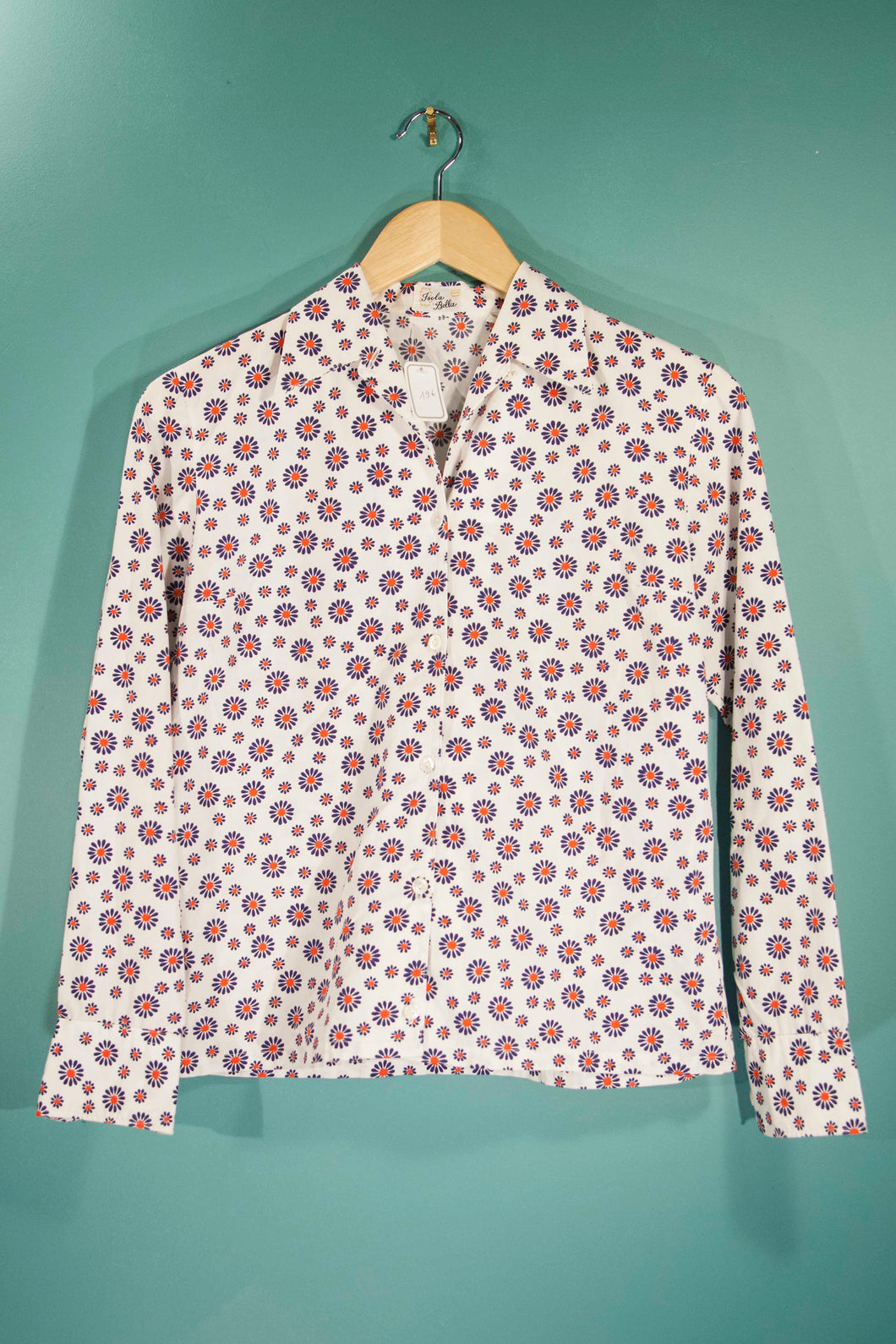 Chemise 70's blanche à fleurs bleues vintage