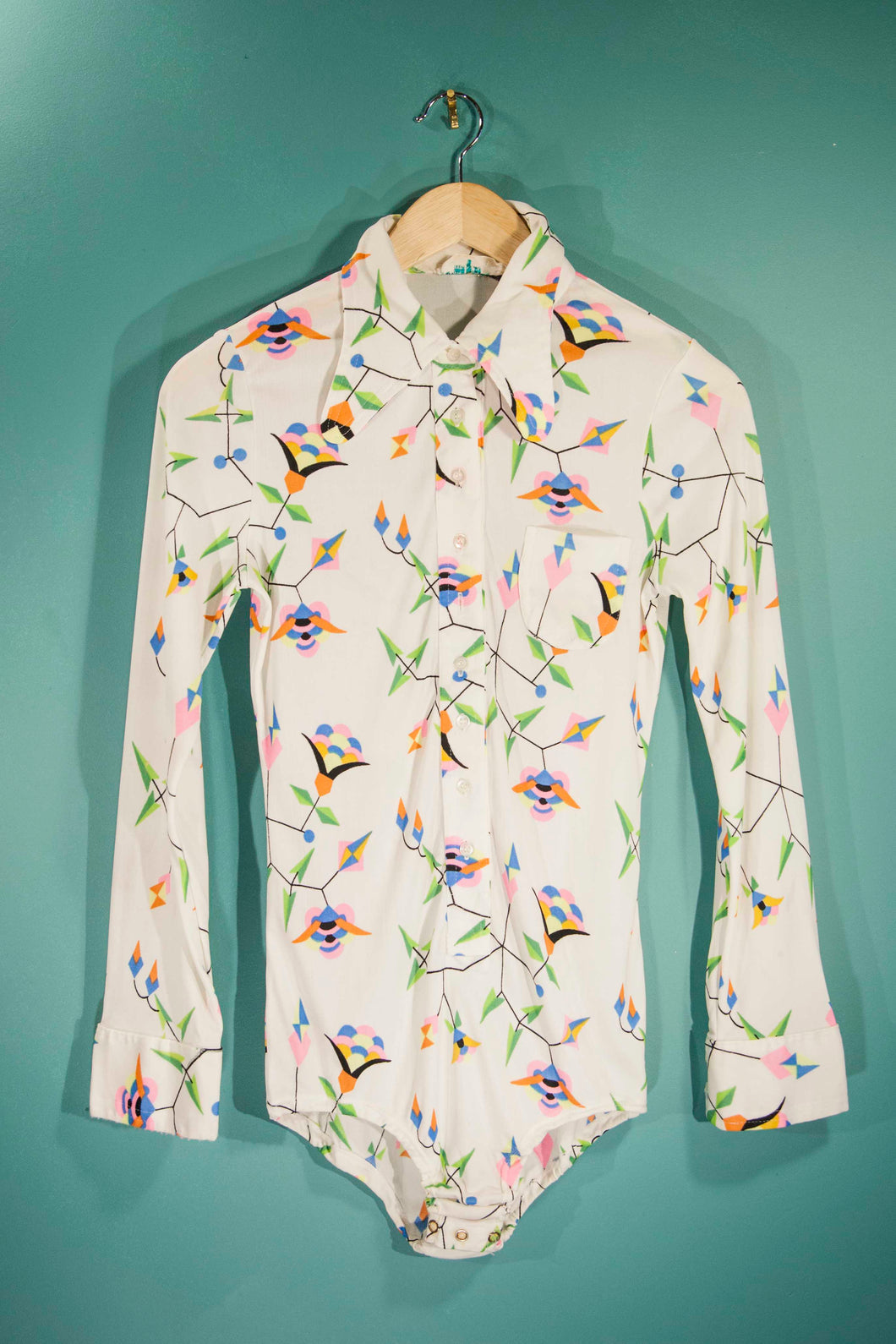 Body 70's vintage blanc à motifs