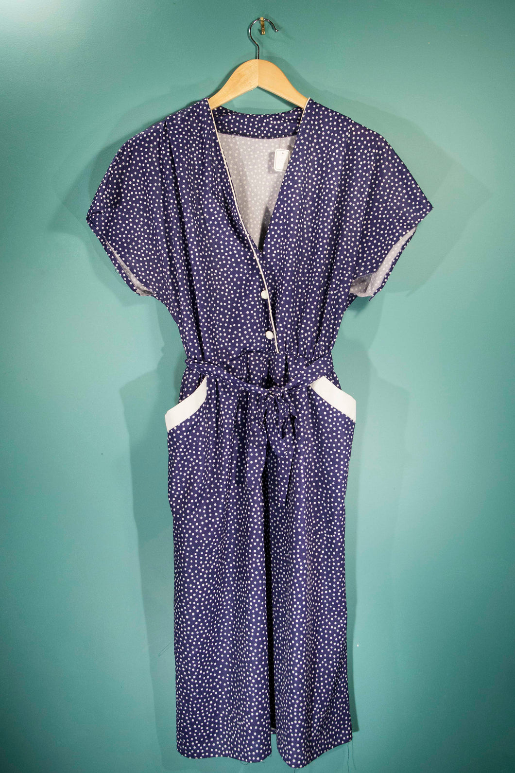 Robe 70's bleu à pois blancs vintage